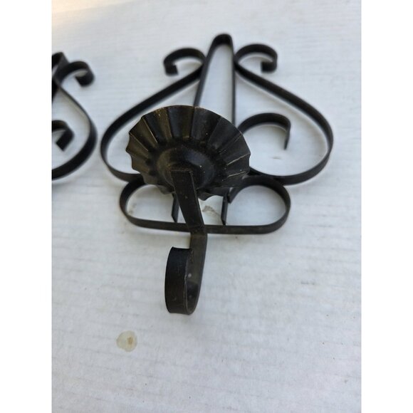 Pair Vintage Black Gothic Metal Wrought Iron Candle Holder Wall Sconces Set Of 2 - Picture 3 of 11